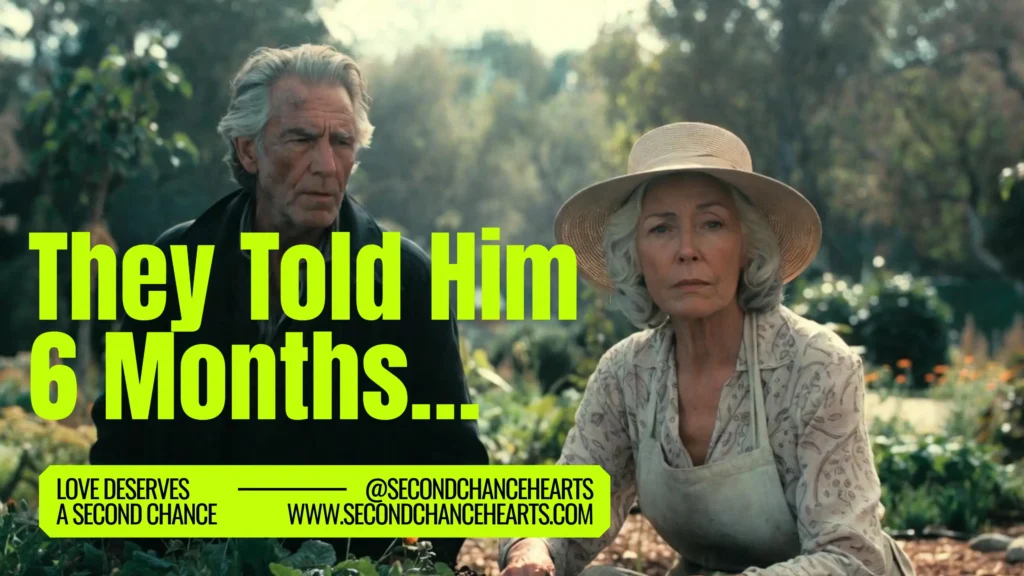 Elderly couple in a serene garden, woman in sunhat planting flowers while man stands nearby