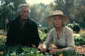 Elderly couple in a serene garden, woman in sunhat planting flowers while man stands nearby
