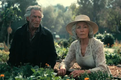 Elderly couple in a serene garden, woman in sunhat planting flowers while man stands nearby
