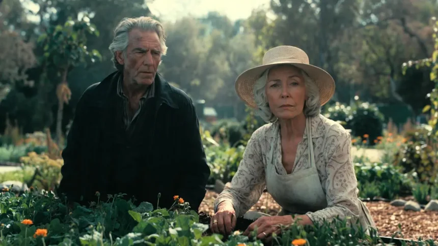 Elderly couple in a serene garden, woman in sunhat planting flowers while man stands nearby