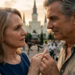 A man and woman in their fifties, Eleanor and Arthur, hold hands on a bench in Jackson Square, New Orleans, sharing a moment of bittersweet love after loss. Caption: