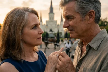A man and woman in their fifties, Eleanor and Arthur, hold hands on a bench in Jackson Square, New Orleans, sharing a moment of bittersweet love after loss. Caption:
