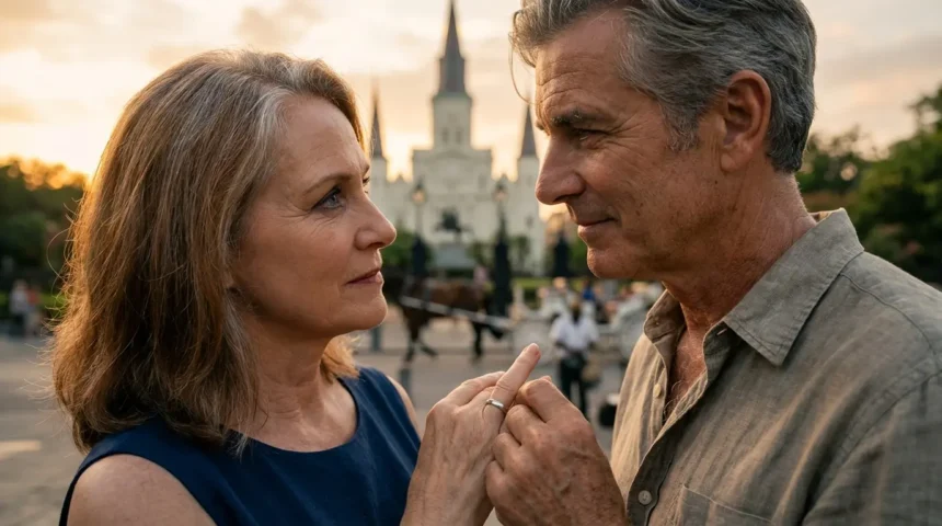 A man and woman in their fifties, Eleanor and Arthur, hold hands on a bench in Jackson Square, New Orleans, sharing a moment of bittersweet love after loss. Caption: