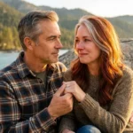 Mature couple Arthur and Clara hold hands at Lake Tahoe's Secret Cove, sharing an emotional, hopeful gaze under a golden sunset, symbolizing new beginnings in later life.