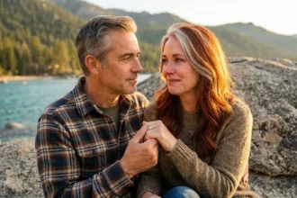 Mature couple Arthur and Clara hold hands at Lake Tahoe's Secret Cove, sharing an emotional, hopeful gaze under a golden sunset, symbolizing new beginnings in later life.