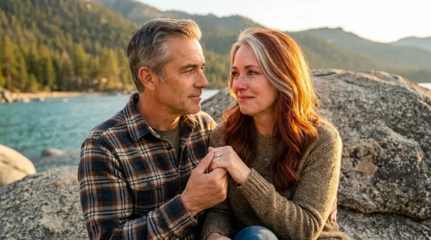 Mature couple Arthur and Clara hold hands at Lake Tahoe's Secret Cove, sharing an emotional, hopeful gaze under a golden sunset, symbolizing new beginnings in later life.