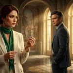 A man and woman, an art restorer and an archaeologist, examining a mysterious silver clasp in an opulent Roman villa, their shared past reigniting amidst a whodunit mystery.