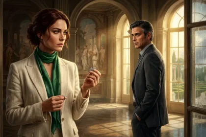 A man and woman, an art restorer and an archaeologist, examining a mysterious silver clasp in an opulent Roman villa, their shared past reigniting amidst a whodunit mystery.