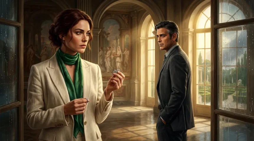 A man and woman, an art restorer and an archaeologist, examining a mysterious silver clasp in an opulent Roman villa, their shared past reigniting amidst a whodunit mystery.