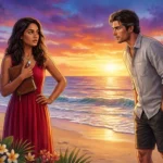 Woman in crimson dress clutching a leather journal, looking at a man on a Maui beach at sunset.