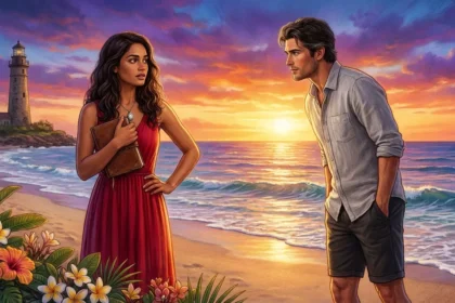 Woman in crimson dress clutching a leather journal, looking at a man on a Maui beach at sunset.