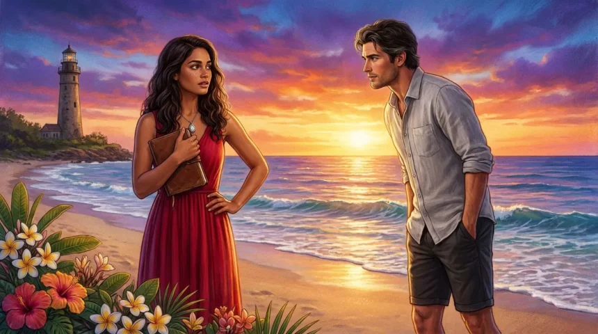 Woman in crimson dress clutching a leather journal, looking at a man on a Maui beach at sunset.