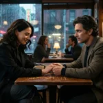 A man and woman in 1980s New York City reunite in a cozy cafe, hands intertwined, sharing an emotional moment of rediscovered love amidst falling rain.