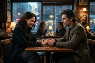 A man and woman in 1980s New York City reunite in a cozy cafe, hands intertwined, sharing an emotional moment of rediscovered love amidst falling rain.