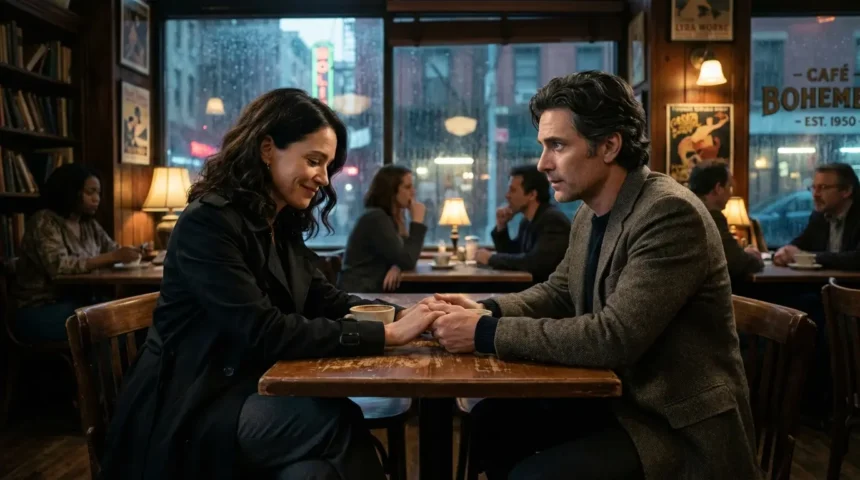A man and woman in 1980s New York City reunite in a cozy cafe, hands intertwined, sharing an emotional moment of rediscovered love amidst falling rain.