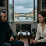 A candid, emotional moment between Caspian and Seraphina in a Florence art gallery, with Ponte Vecchio outside.
