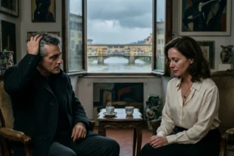 A candid, emotional moment between Caspian and Seraphina in a Florence art gallery, with Ponte Vecchio outside.
