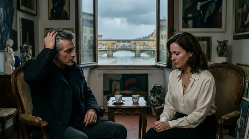 A candid, emotional moment between Caspian and Seraphina in a Florence art gallery, with Ponte Vecchio outside.