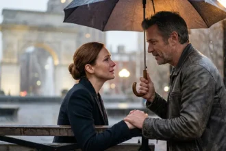 A couple holding hands in a rainy park, finding connection.