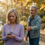 Lyra Hawthorne and Caspian Vance reuniting in the Botanical Gardens at Asheville, a hopeful moment of second chance romance.