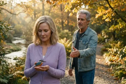 Lyra Hawthorne and Caspian Vance reuniting in the Botanical Gardens at Asheville, a hopeful moment of second chance romance.