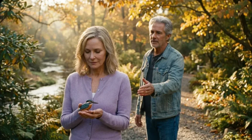 Lyra Hawthorne and Caspian Vance reuniting in the Botanical Gardens at Asheville, a hopeful moment of second chance romance.