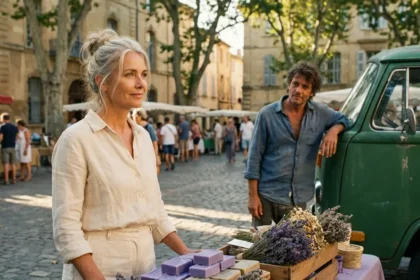 Aveline and Bastian in a romantic moment at an outdoor cafe in Aix-en-Provence, France.