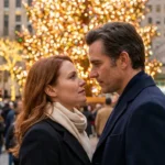 A man and woman gazing intimately at each other under a Christmas tree, representing second chance holiday romance.