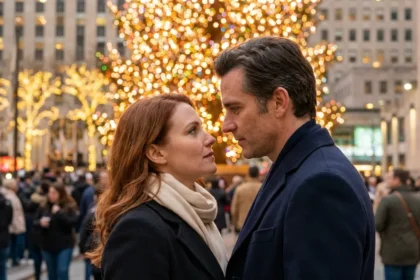 A man and woman gazing intimately at each other under a Christmas tree, representing second chance holiday romance.