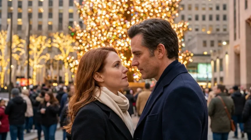 A man and woman gazing intimately at each other under a Christmas tree, representing second chance holiday romance.