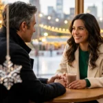 Mature couple shares a second-chance moment over hot chocolate in a festive New York Christmas market.