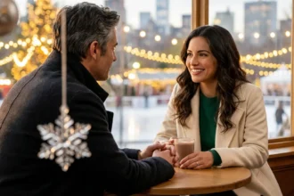 Mature couple shares a second-chance moment over hot chocolate in a festive New York Christmas market.