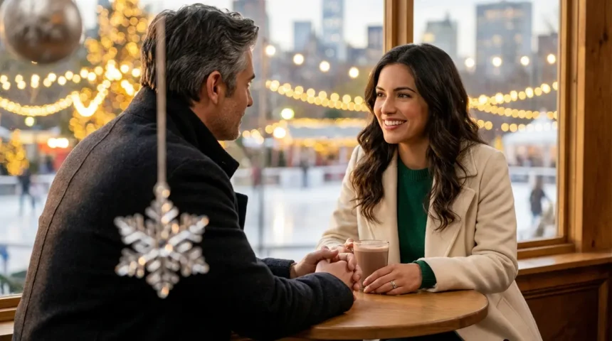 Mature couple shares a second-chance moment over hot chocolate in a festive New York Christmas market.