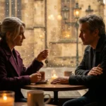 Mature couple reconnecting over a lost locket in a Prague café, evoking second-chance romance.