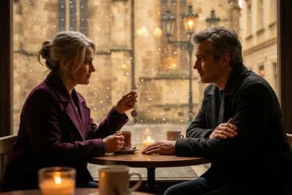 Mature couple reconnecting over a lost locket in a Prague café, evoking second-chance romance.