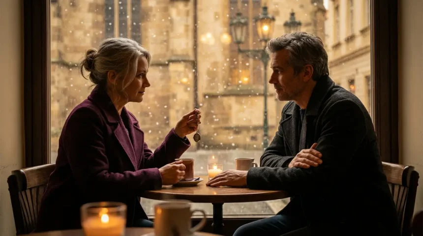 Mature couple reconnecting over a lost locket in a Prague café, evoking second-chance romance.