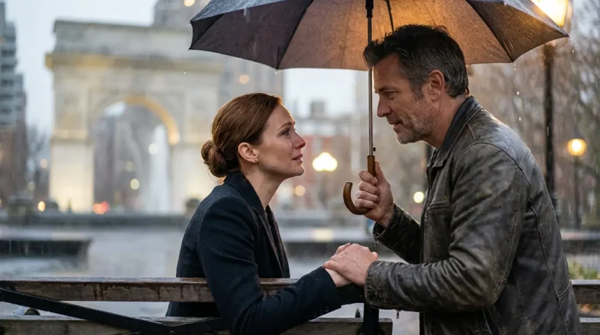 A couple holding hands in a rainy park, finding connection.