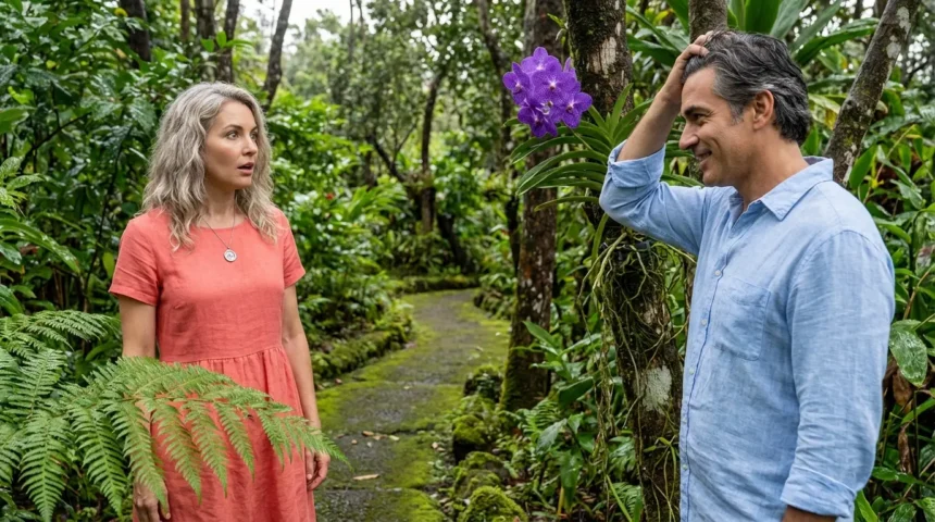 A man and woman reconnecting in a lush Hawaiian botanical garden, highlighting a silver compass pendant and a purple orchid.